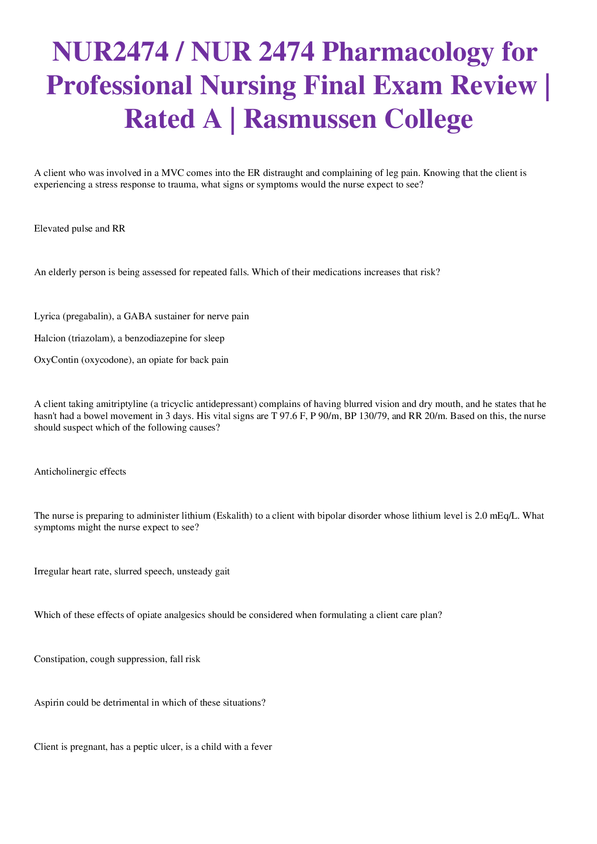 Preview of NUR2474 / NUR 2474 Pharmacology for Professional Nursing Final Exam Review |Rated A | Late